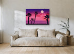 Pink Moonrise Palms coastal canvas print on the wall of a living room