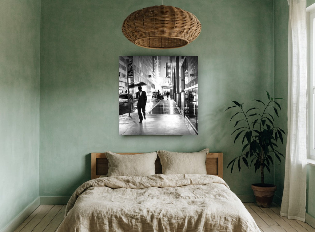 Rainy Night Walk city canvas print on the wall of a bedroom