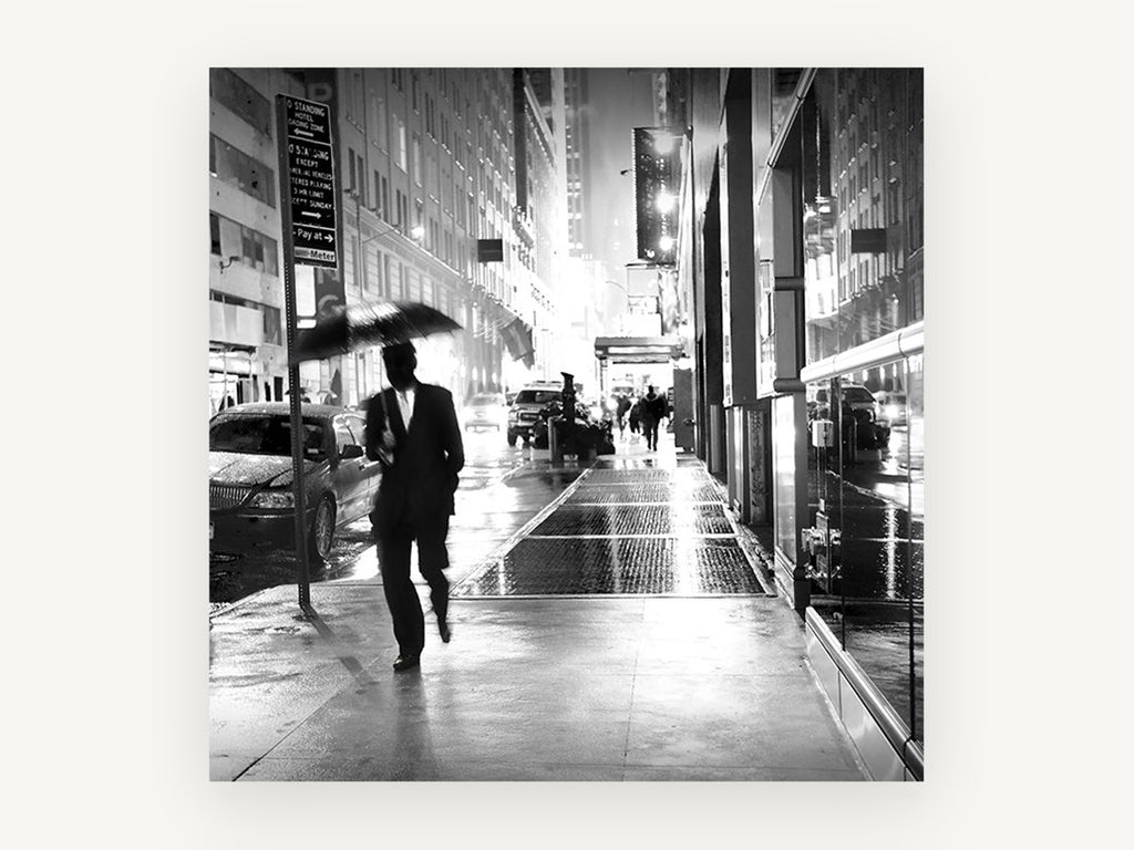 Rainy Night Walk, new york rainy street black and white photograph, city canvas wall art print, front view