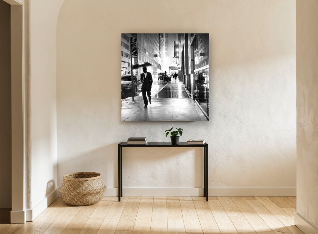 Rainy Night Walk city canvas print on the wall of a hallway