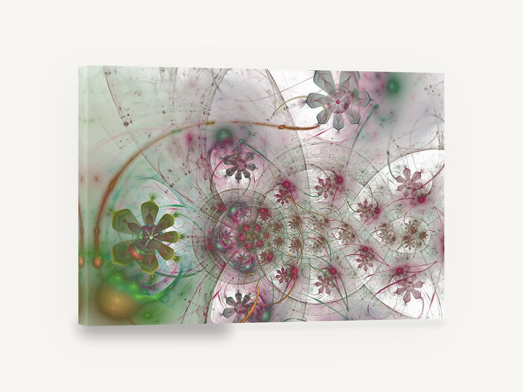 Fractal Flower Orbit, abstract fractal flowers pink green, floral canvas wall art print ready to hang