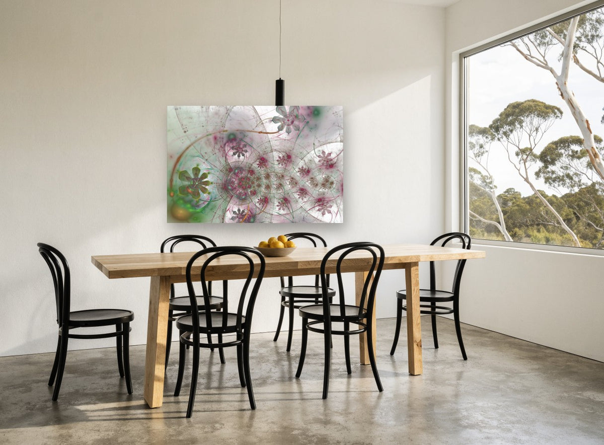 Fractal Flower Orbit floral canvas print on the wall of a dining room