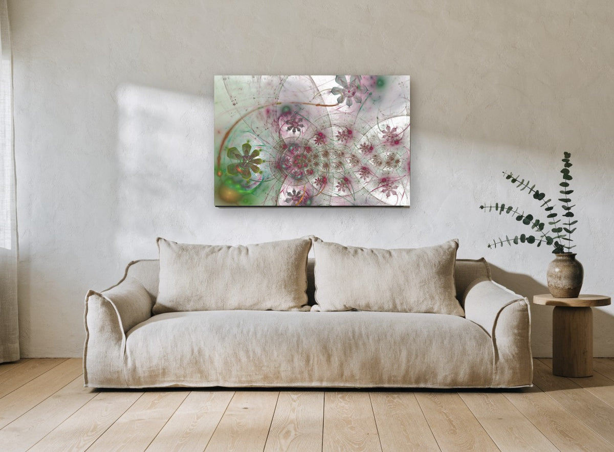 Fractal Flower Orbit floral canvas print on the wall of a living room