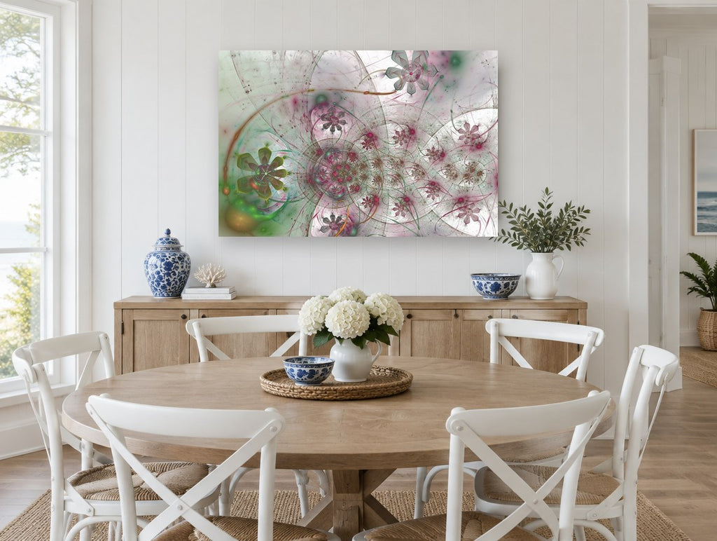 Fractal Flower Orbit floral canvas print on the wall of a Hamptons dining room