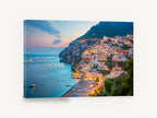 Positano Dusk Hillside, positano amalfi coast dusk photograph, coastal canvas wall art print ready to hang