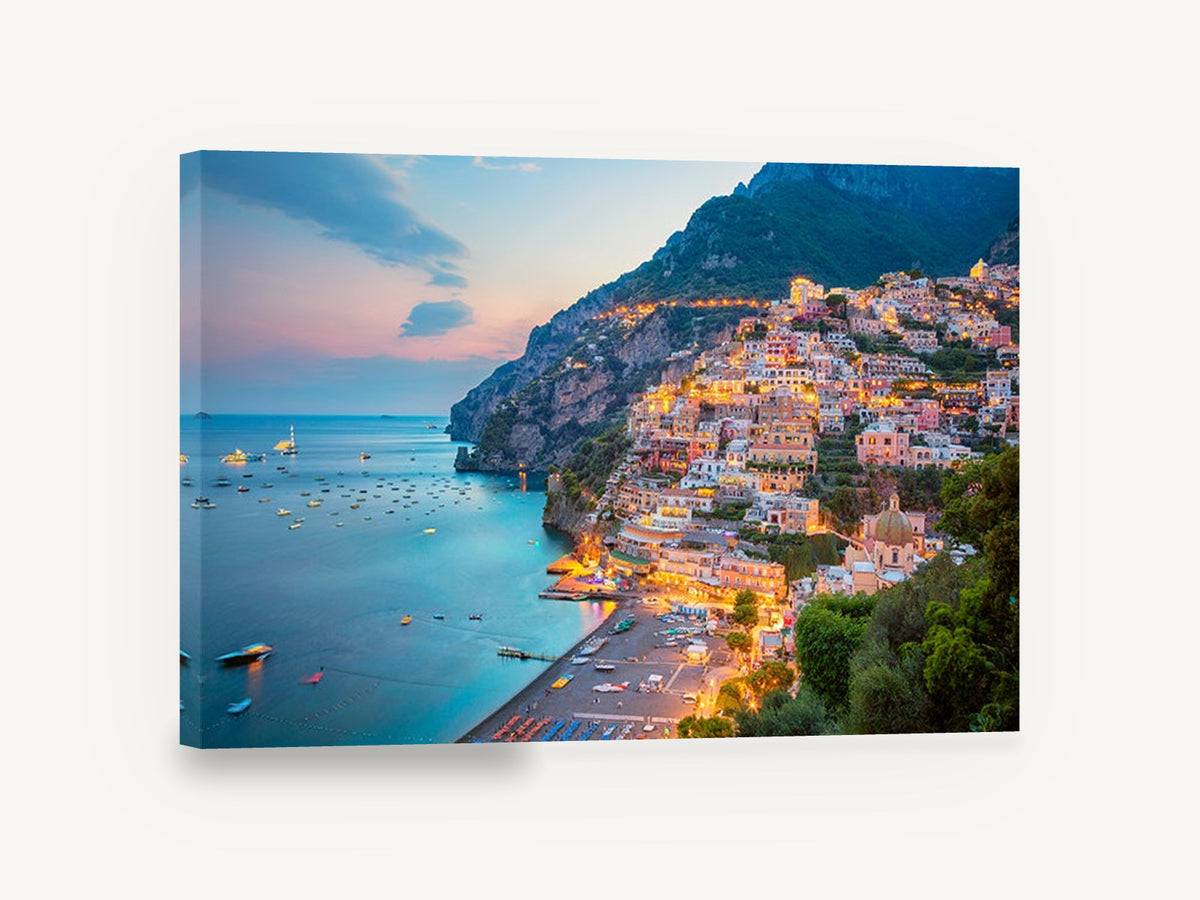 Positano Dusk Hillside, positano amalfi coast dusk photograph, coastal canvas wall art print ready to hang