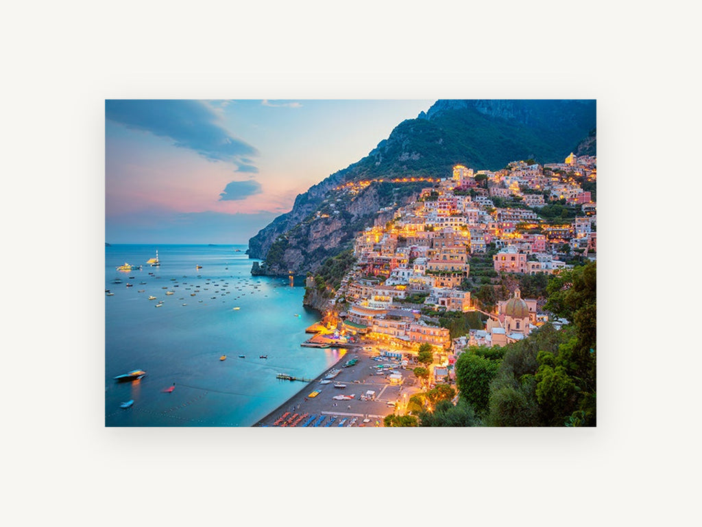 Positano Dusk Hillside, coastal canvas wall art print, front view