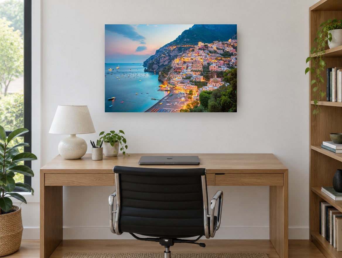 Positano Dusk Hillside coastal canvas print on the wall of a study