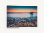 Pebble Shore Afterglow, stony coastline sunset long exposure photograph, coastal canvas wall art print ready to hang