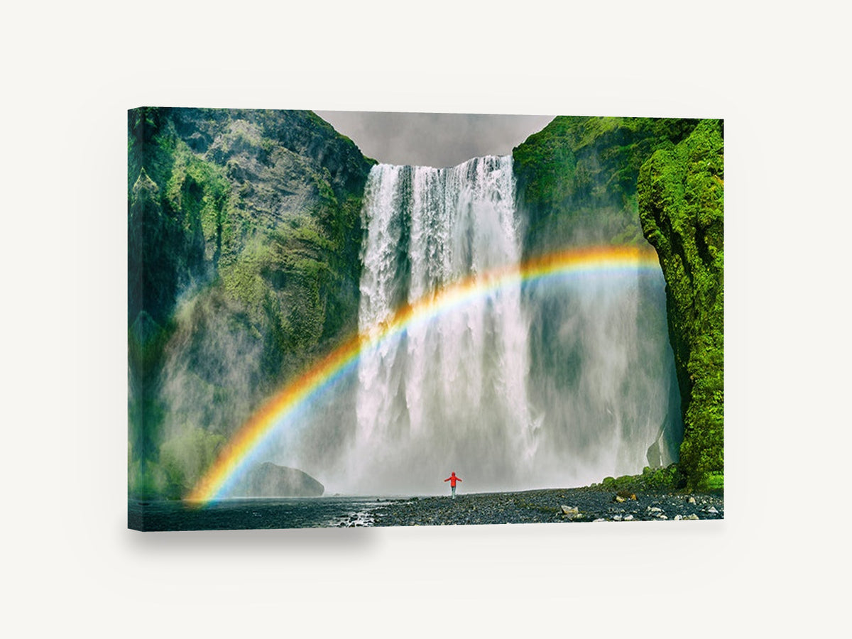 Rainbow Beneath the Falls, waterfall rainbow landscape photograph, landscape canvas wall art print ready to hang