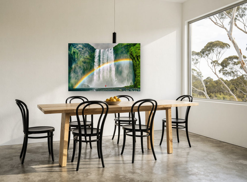 Rainbow Beneath the Falls landscape canvas print on the wall of a dining room