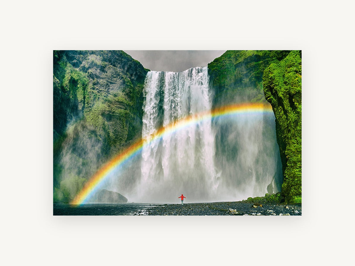 Rainbow Beneath the Falls, waterfall rainbow landscape photograph, landscape canvas wall art print, front view