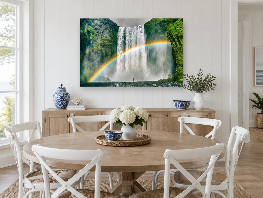 Rainbow Beneath the Falls landscape canvas print on the wall of a Hamptons dining room