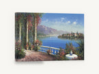 Terrace Over Blue Lake, italian lakeside terrace painting-style landscape, coastal canvas wall art print ready to hang