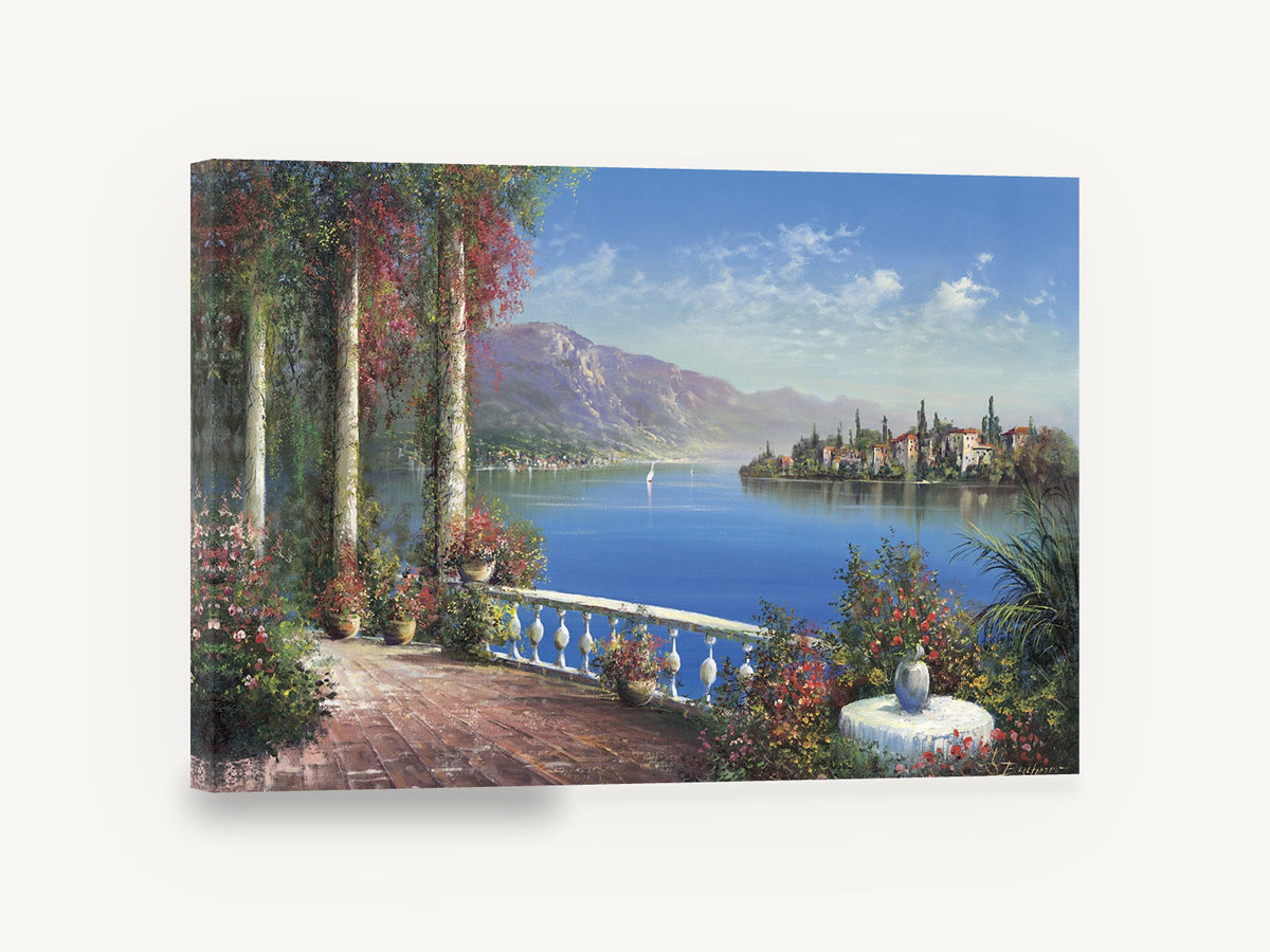 Terrace Over Blue Lake, italian lakeside terrace painting-style landscape, coastal canvas wall art print ready to hang