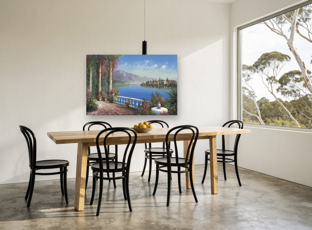 Terrace Over Blue Lake coastal canvas print on the wall of a dining room