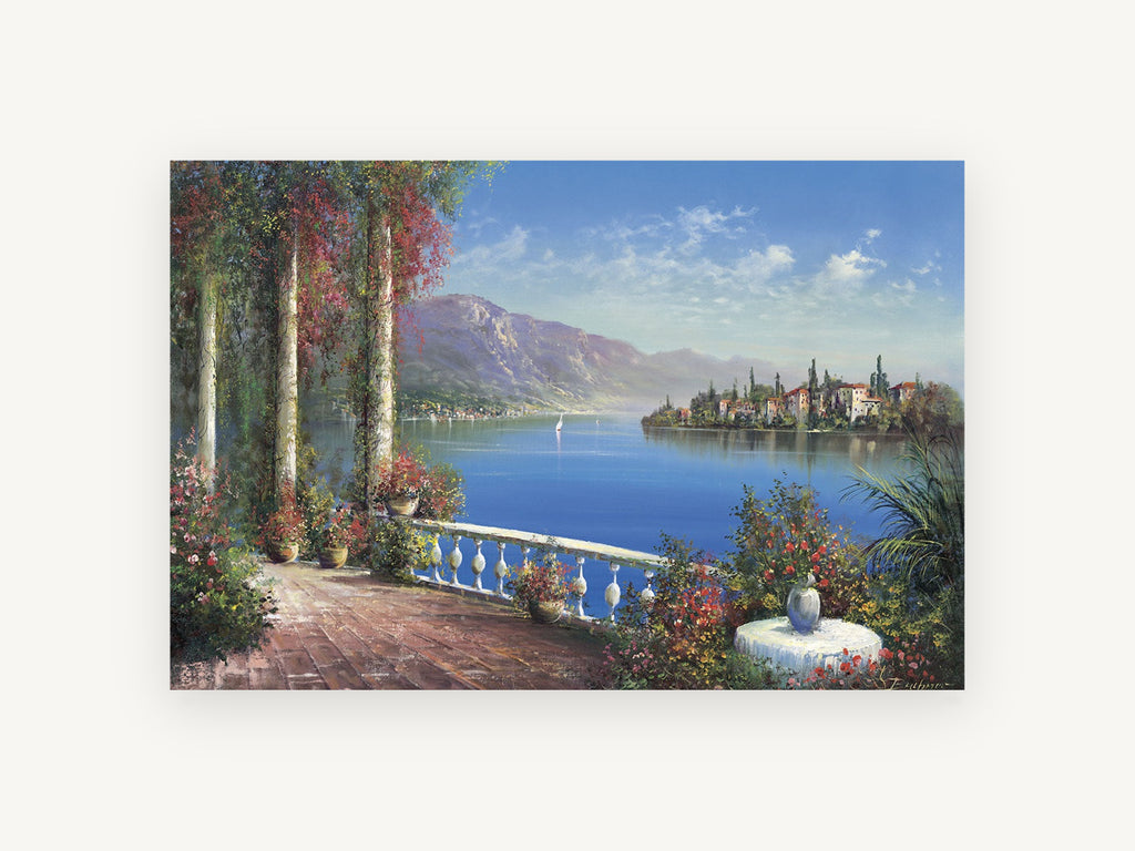 Terrace Over Blue Lake, coastal canvas wall art print, front view