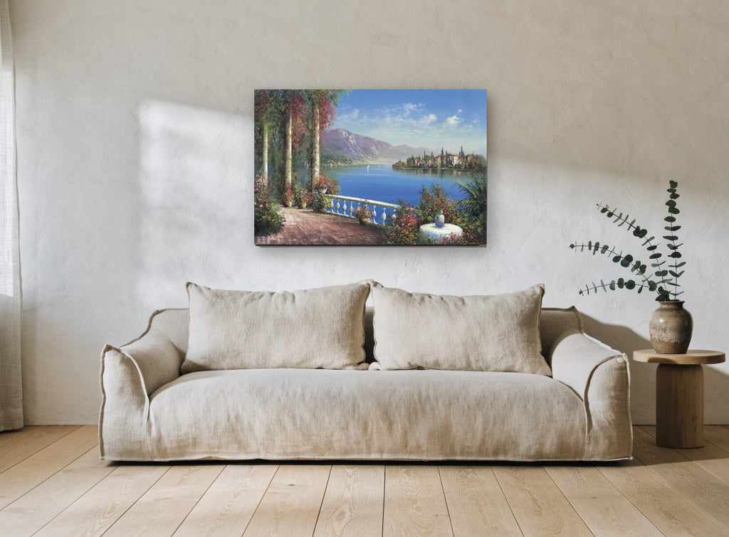 Terrace Over Blue Lake coastal canvas print on the wall of a living room
