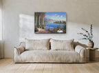 Terrace Over Blue Lake coastal canvas print on the wall of a living room