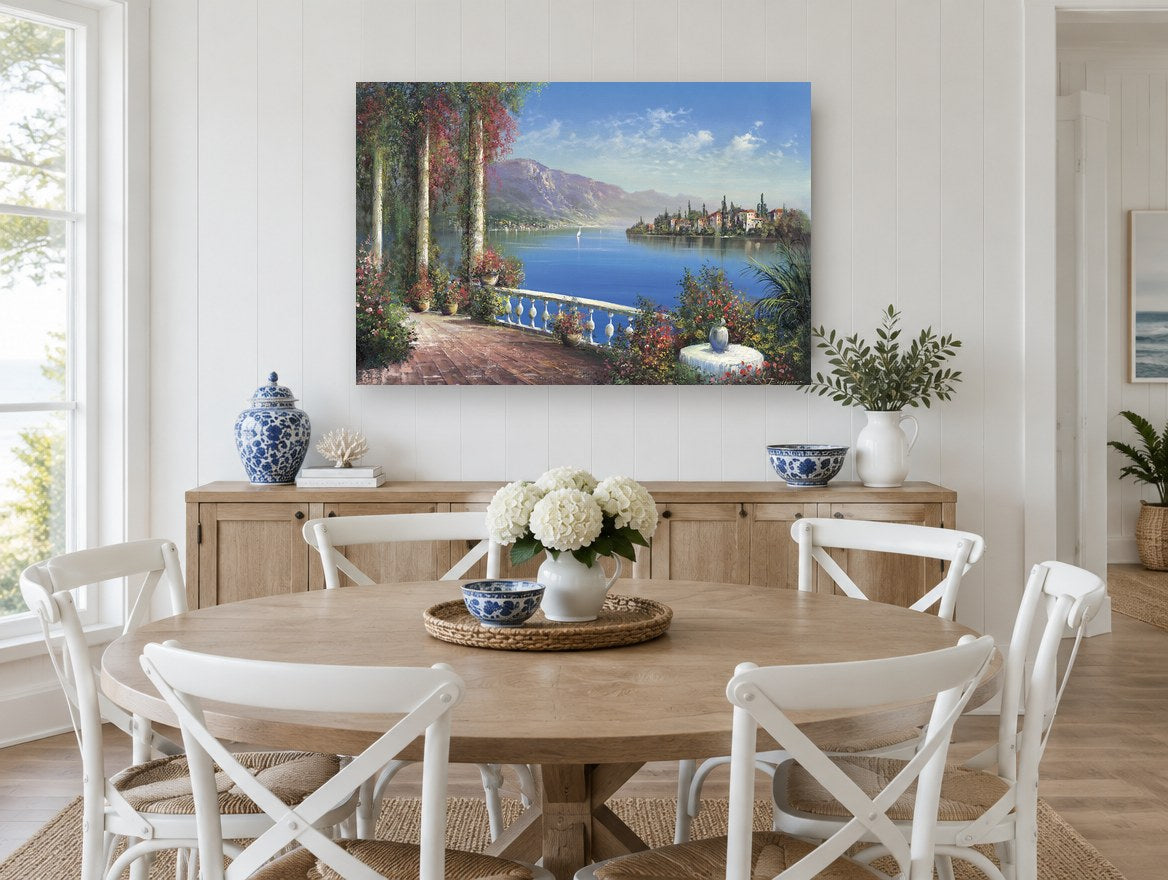 Terrace Over Blue Lake coastal canvas print on the wall of a Hamptons dining room