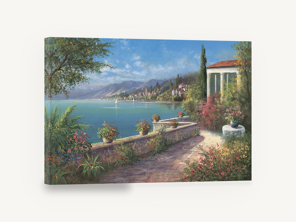 Sunlit Terrace Bay Blooms, mediterranean terrace bay landscape artwork, coastal canvas wall art print ready to hang