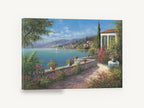 Sunlit Terrace Bay Blooms, mediterranean terrace bay landscape artwork, coastal canvas wall art print ready to hang