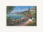 Sunlit Terrace Bay Blooms, coastal canvas wall art print, front view