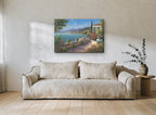Sunlit Terrace Bay Blooms coastal canvas print on the wall of a living room