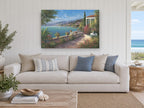 Sunlit Terrace Bay Blooms coastal canvas print on the wall of a beach house living room