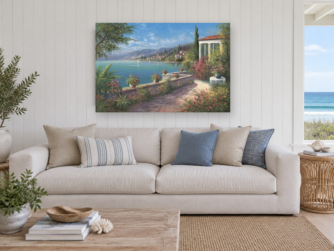 Sunlit Terrace Bay Blooms coastal canvas print on the wall of a beach house living room