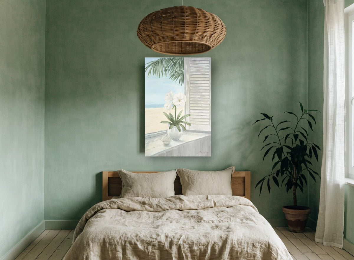 Windowsill Amaryllis View coastal canvas print on the wall of a bedroom
