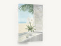 Windowsill Amaryllis View, white amaryllis beach window still life, coastal canvas wall art print ready to hang