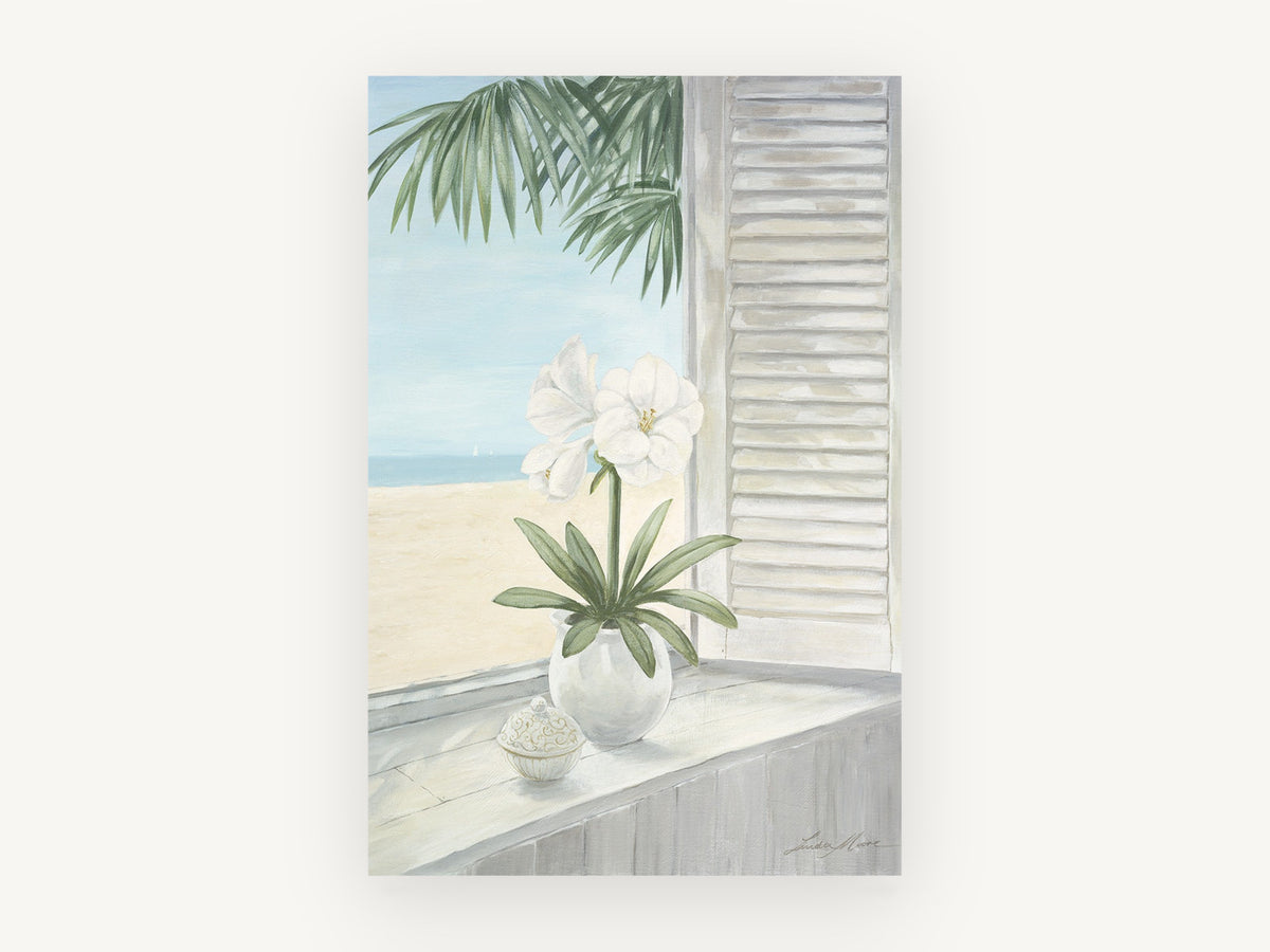 Windowsill Amaryllis View, coastal canvas wall art print, front view