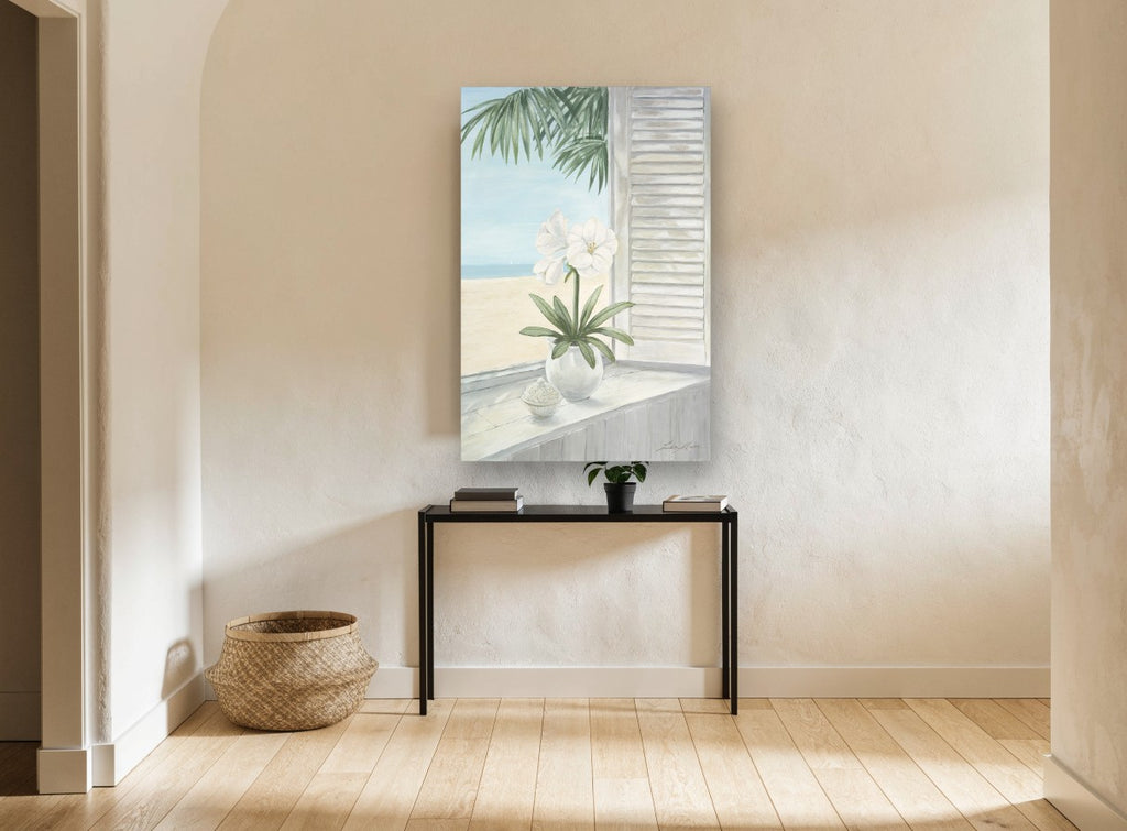 Windowsill Amaryllis View coastal canvas print on the wall of a hallway