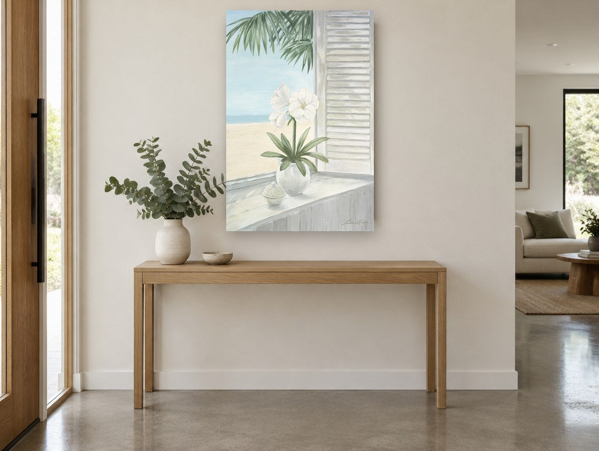 Windowsill Amaryllis View coastal canvas print on the wall of a entry hall