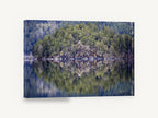 Still Lake Pines, pine forest lake reflection photograph, floral canvas wall art print ready to hang