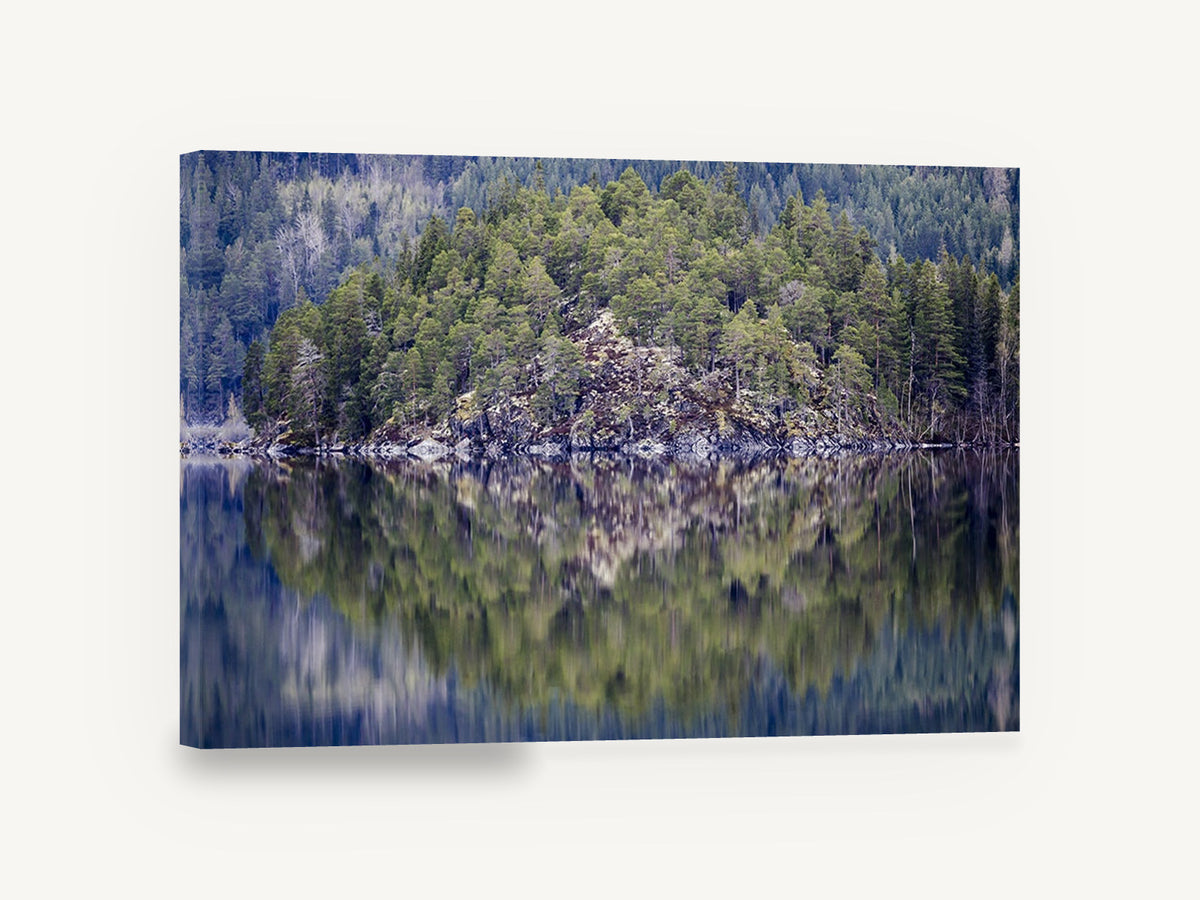Still Lake Pines, pine forest lake reflection photograph, floral canvas wall art print ready to hang