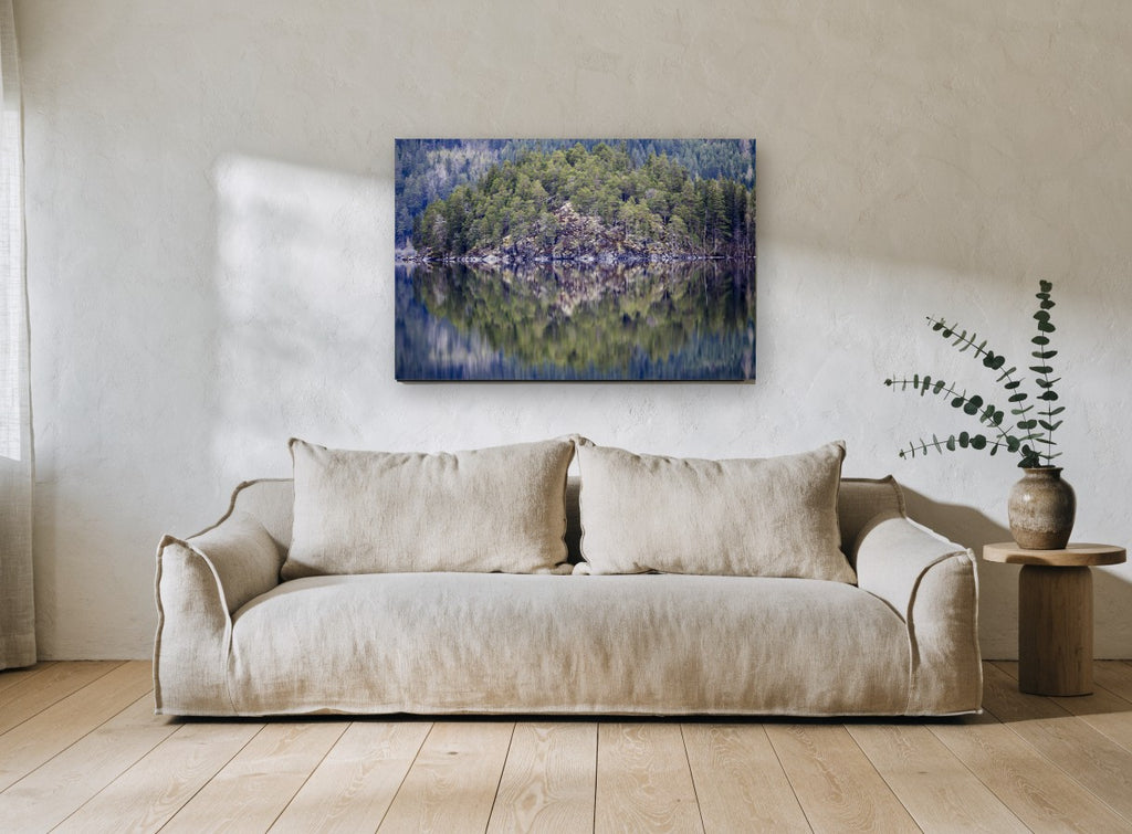Still Lake Pines floral canvas print on the wall of a living room