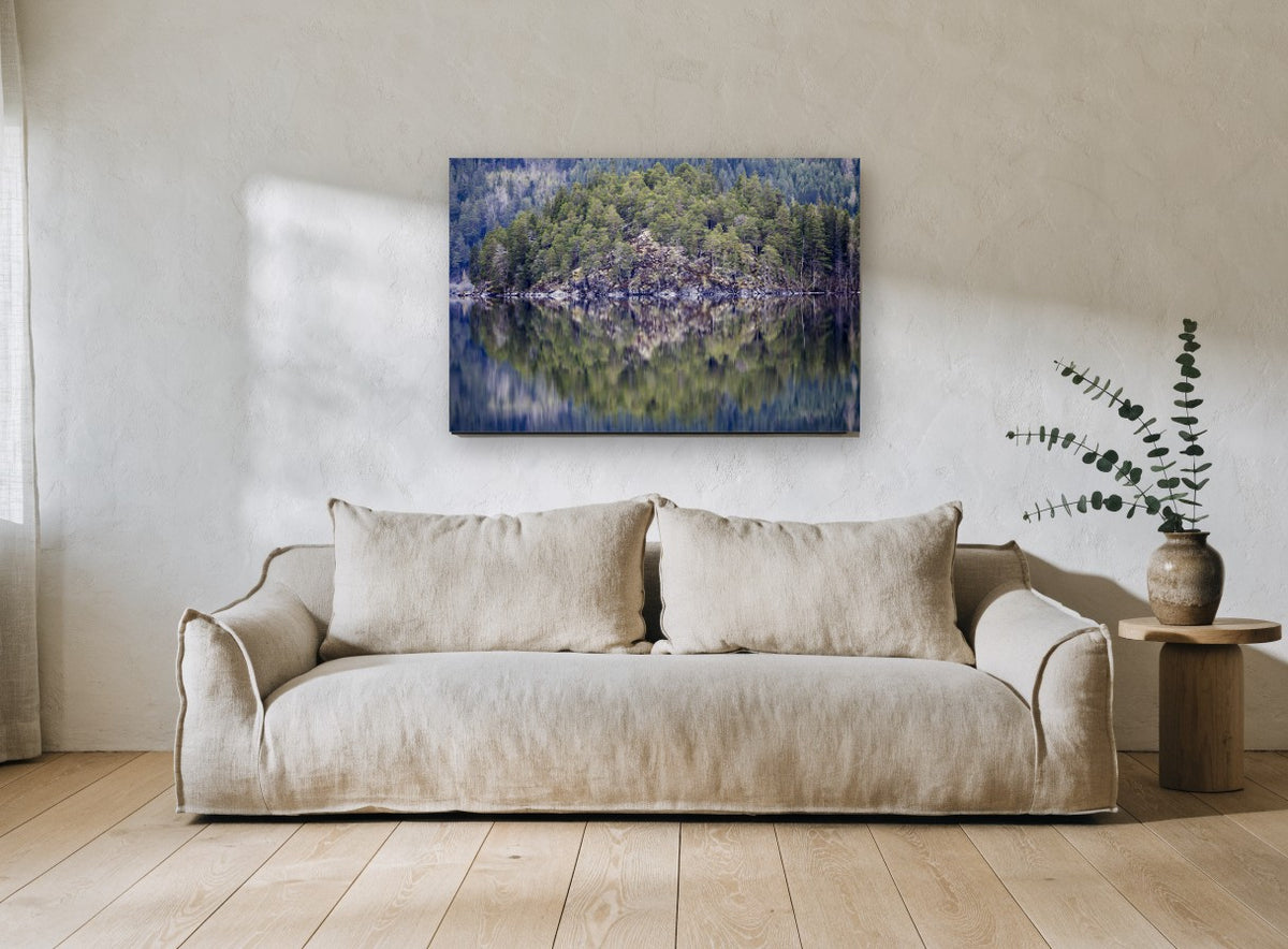 Still Lake Pines floral canvas print on the wall of a living room