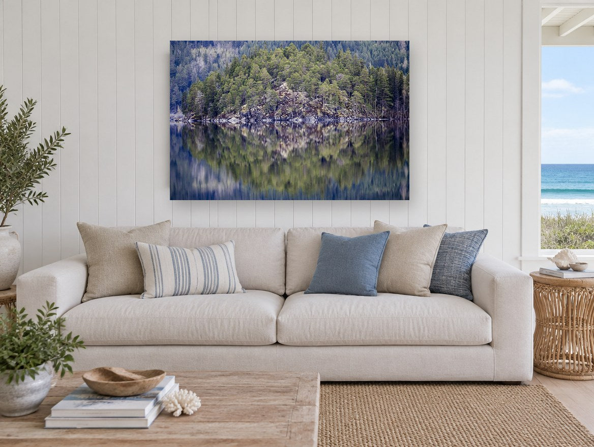 Still Lake Pines floral canvas print on the wall of a beach house living room