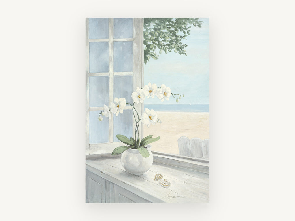 Orchid Window Beach View, coastal canvas wall art print, front view
