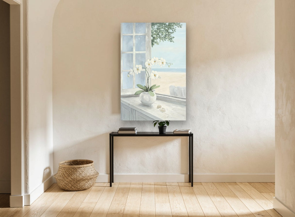 Orchid Window Beach View coastal canvas print on the wall of a hallway