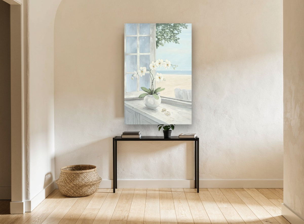Orchid Window Beach View coastal canvas print on the wall of a hallway
