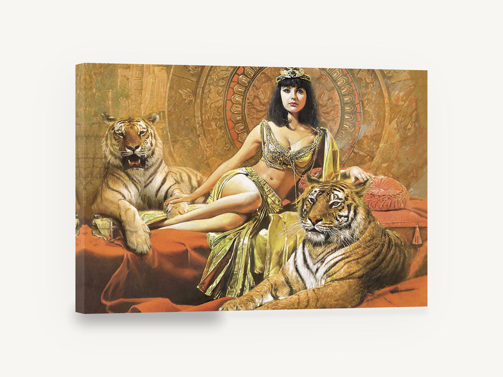 Golden Queen and Tigers, egyptian queen with tigers illustration, animal canvas wall art print ready to hang