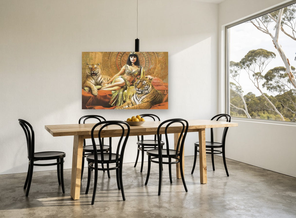 Golden Queen and Tigers animal canvas print on the wall of a dining room
