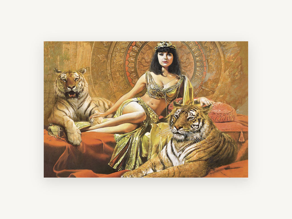 Golden Queen and Tigers, egyptian queen with tigers illustration, animal canvas wall art print, front view