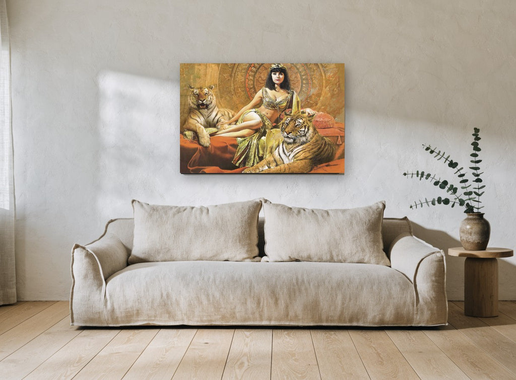 Golden Queen and Tigers animal canvas print on the wall of a living room