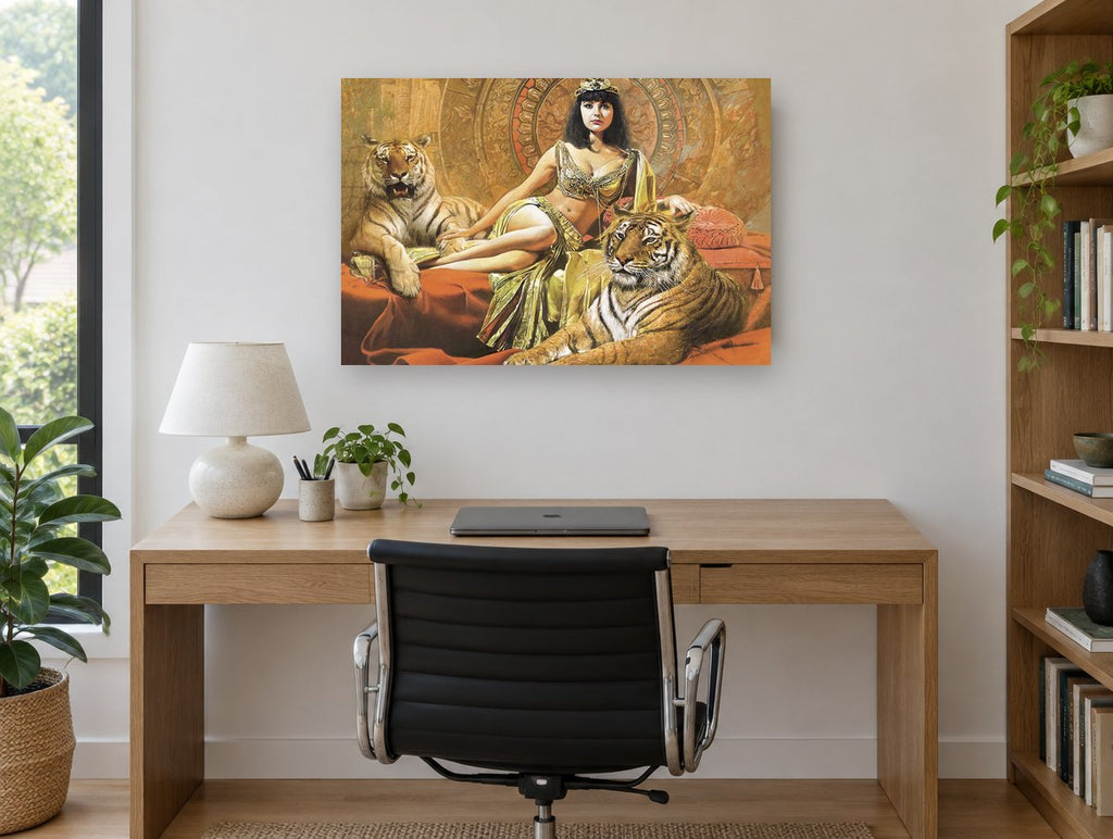Golden Queen and Tigers animal canvas print on the wall of a study