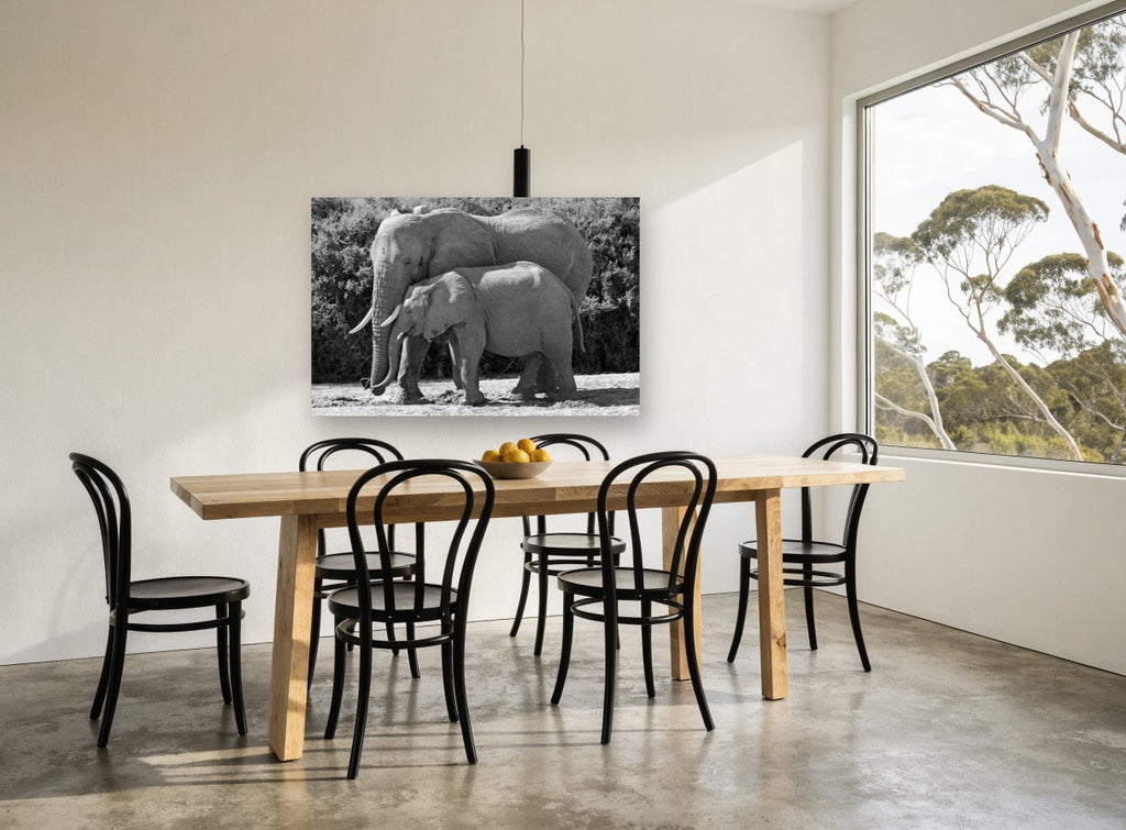 Mother and Calf Elephants animal canvas print on the wall of a dining room