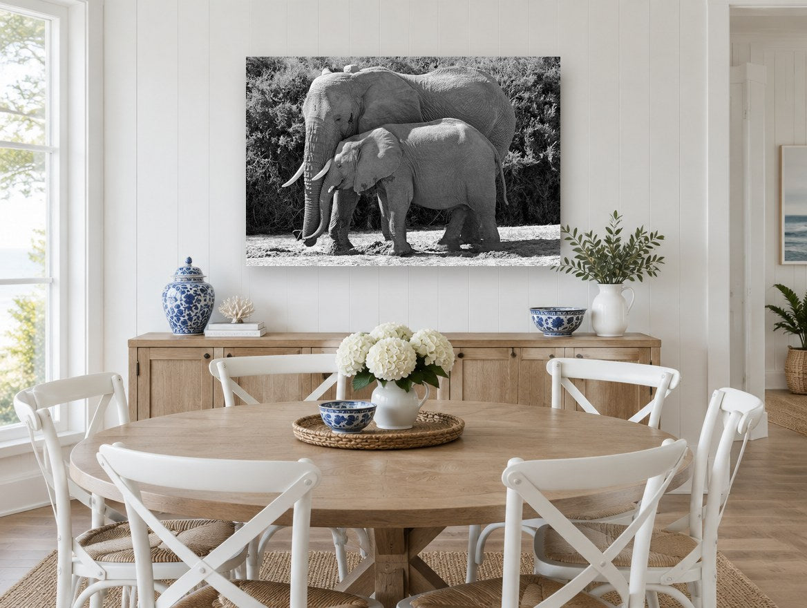 Mother and Calf Elephants animal canvas print on the wall of a Hamptons dining room